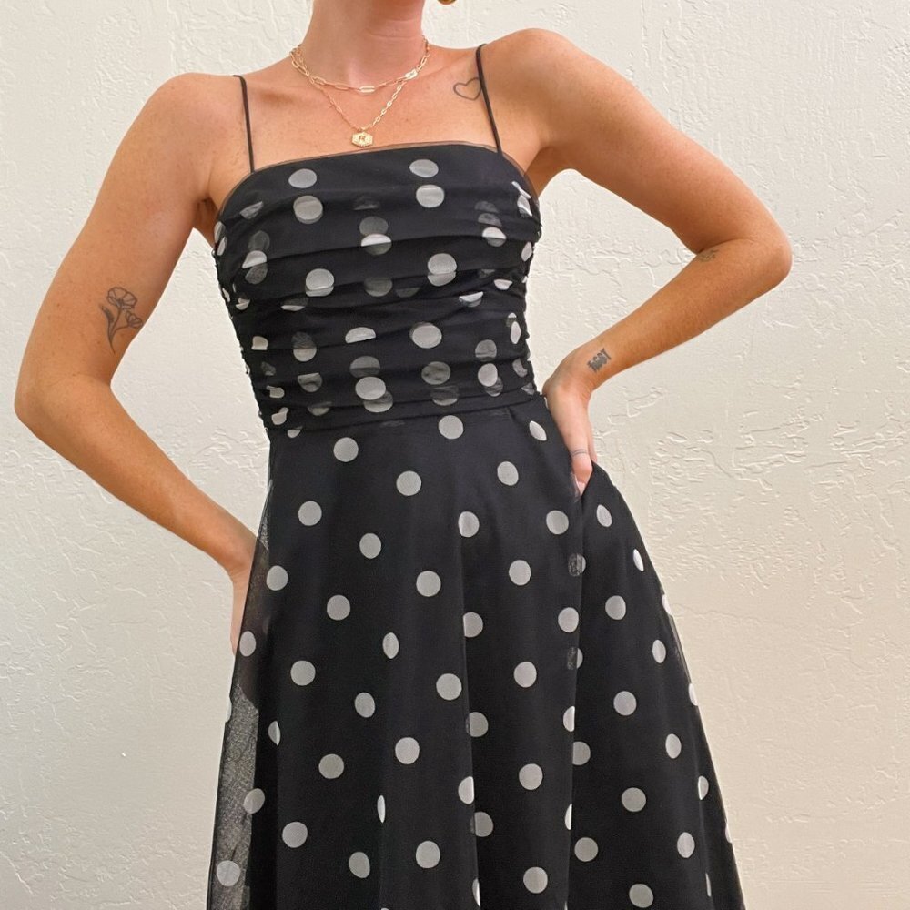 Vintage 90s/Y2K Eliza J Black Polka Dot Ruched Chiffon Fit Flare Midi Dress - Picture 5 of 12